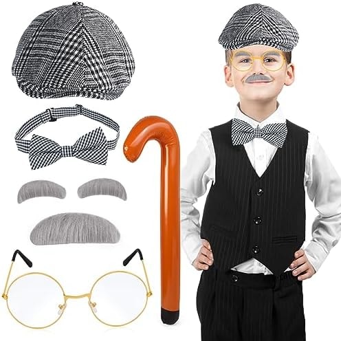 Yewong Kids Grandpa Costume Set Hat Mustache Eyebrows Glasses Cane Bowtie