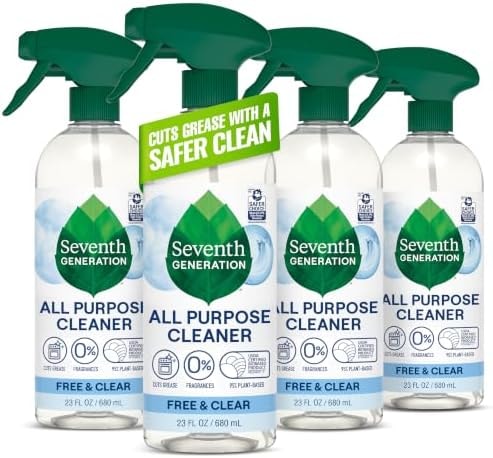 Seventh Generation All Purpose Cleaner, Free & Clear, 23 oz, Pack of 4, Plant-Based Cleaning Spray, Cuts Grease & Grime, No Fragrance or VOCs, Safe for Kids & Pets, Works on Glass, Sealed Wood & More