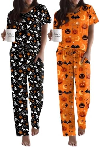 Ekouaer 2 Pack Womens Pajama Set Short Sleeve Top and Printed Pants Soft Pj