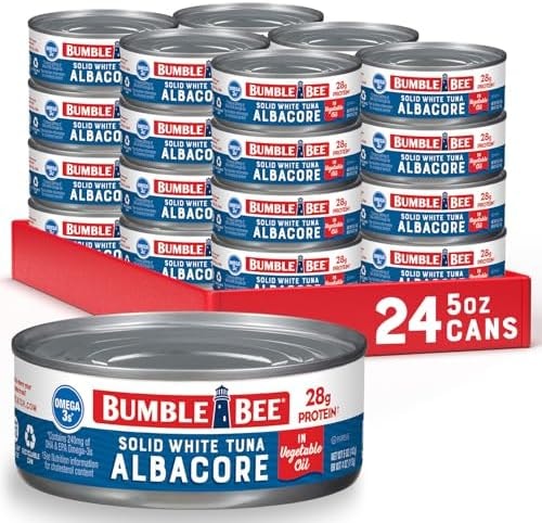 Bumble Bee Solid White Albacore Tuna in Oil, 5 oz Can (Pack of 24) - Wild Caught Tuna - 28g Protein per Serving, High in Omega-3s - Non-GMO Project Verified, Gluten Free, Kosher