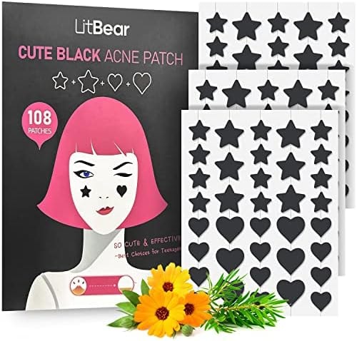 LitBear Acne Patch Pimple Patch, Black Star & Heart Shaped Acne Absorbing Cover Patch, Hydrocolloid Acne Patches For Face Zit Patch Pimple Sticker Acne Dots, Tea Tree Oil + Centella (108 Count)