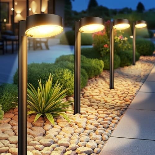 Ahaorigin 6 Pack Solar Pathway Lights Outdoor, 12 Brighter LED Solar Lights Outdoor Waterproof, Up to 12 Hrs Modern Solar Powered Path Light for Yard Garden Walkway Driveway, Warm White