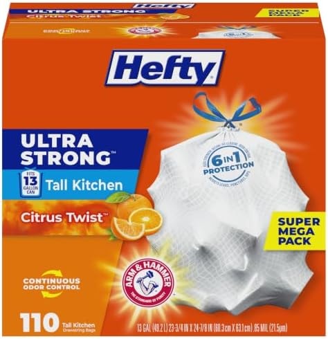 Hefty Ultra Strong 13 Gallon Trash Bags, Tall Kitchen Trash Bags 13 Gallon Size, Drawstring Closure, Continuous Odor Control, White, Citrus Twist Scent, 110 Bags