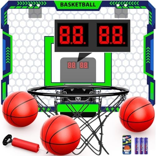 MIROTEE Indoor Basketball Hoop for Kids, Over The Door Toy Basketball Hoop with Scoring & Countdown, Remote Control, Sound Effects & 3 Balls, Birthday & Toys Gifts