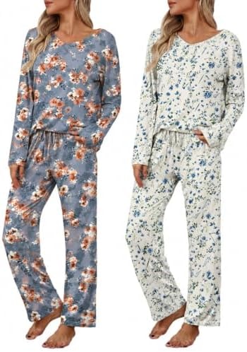 2 Pack: Women's Long Sleeve Pajama Sets - V Neck Top and Pants Lounge sets