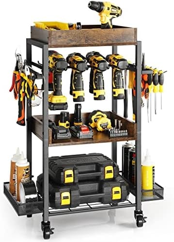 Olakee Power Tool Organizer Garage Storage Organization Shelving Tool Holder Drill Rack Shelf Rolling Cart Open Tool Chest Cabinet Box Organizer with Wheels Workshop Garage Gift Ideas for Men Dad