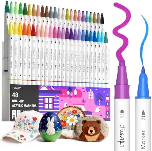 JusArt Acrylic Paint Markers 48 Colors, Dual Tip Art Supplies for Rock