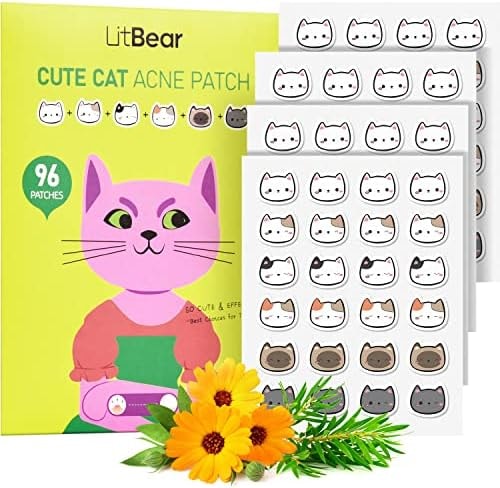 LitBear Acne Patch Pimple Patch, Cat Shaped Acne Absorbing Cover Patch, Hydrocolloid Acne Patches For Face Zit Patch Acne Dots, Tea Tree Oil & Salicylic Acid, 96 Patches, 12mm