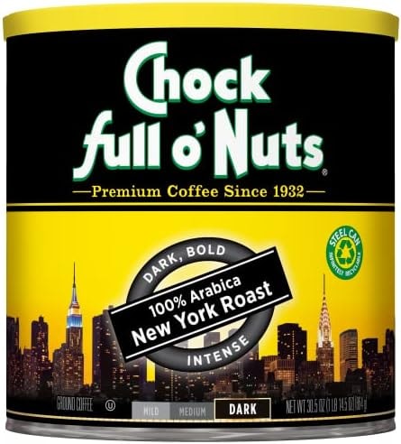 Chock Full o' Nuts New York Roast Ground Coffee – Premium Beans in Recyclable Steel Can – Rich Flavor & Aroma, Dark Roast – Perfect for Drip, Pour-Over, Percolator – 30.5 Oz Can