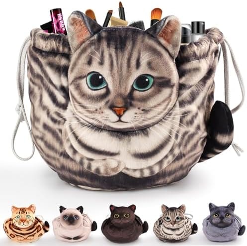 Openhahaha Cat Makeup Bag, Lay Flat Drawstring Pouch, Cat Gifts for Women