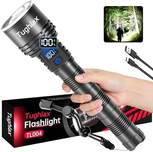Tughlax Rechargeable Flashlights High Lumens, 90,000 Lumens Super Bright LED Flashlight Tactical Flashlight with LCD Digital Display, 5 Modes Zoomable Waterproof Powerful Handheld Flashlight for Home