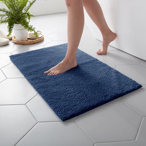 MARTHA STEWART Drylon Microfiber Bath Rug - 1 Piece, Ultra Soft Plush, Non-Slip, Thick, Washable Bathroom Rugs, Home Decor Accessories, Household Essentials, Large Bath Mat, 21" x 34", Navy Blue