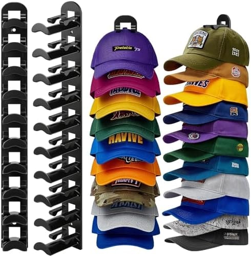 2 Pack Hat Organizer for Baseball Caps, Hat Rack for Wall Hold Up to 20 Hats, Hat Holder with Strong Adhesive and Screws, Hat Organizer Wall Mounted Hat Hanger Display for Door Closet Bedroom(B-Black)