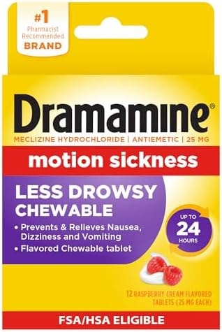 Dramamine Motion Sickness Less Drowsy, Chewables for Nausea Relief During Travel, Raspberry Cream Flavor, 12 Count