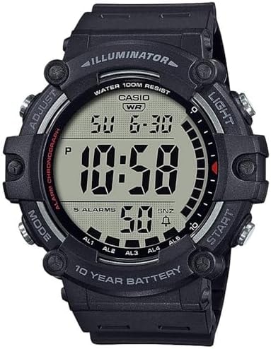 Casio Illuminator Extra Long Strap 10-Year Battery 100 M Water Resistant 5-Alarm w/Countdown Timer Men's Digital Watch, Black, AE-1500WHX-1AVCF