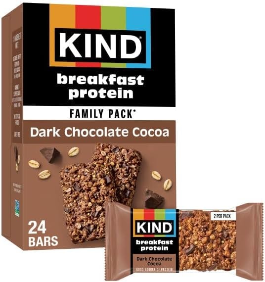 KIND Breakfast Protein Bars, Dark Chocolate Cocoa, Gluten Free, Low Sodium, Healthy Snacks, 8g Protein, 12 Count (12 Packs of 2 Bars)