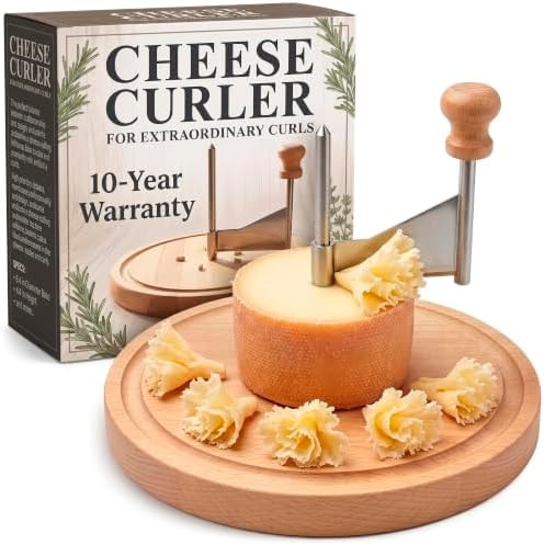 Cheese Curler Wheel for Tete de Moine Cheese Curls - Cheese Shaver Tool with Stainless Steel Blade, Silicone Non-Slip Pads on Wooden Base for Decorative Home and Tableside Serving on Cheese Boards