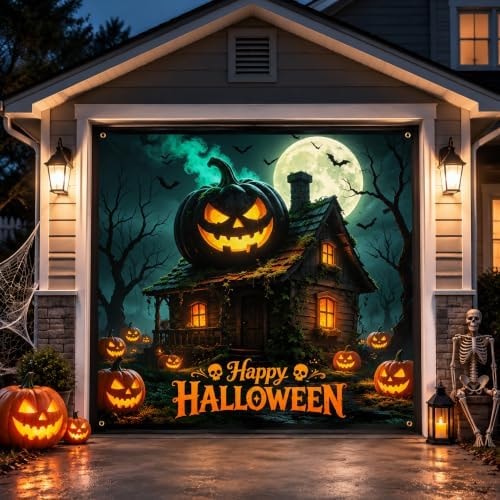GORDITA Halloween Garage Door Cover 7 x 8 FT, Pumpkin Garage Door Banner for Outdoor Decorations, Large No-Fade Polyester Garage Buddy Backdrop with Hook and Loop Strips, Bungee Cords, Grommets