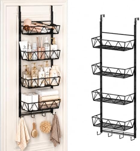 Over the Door Bathroom Organizer,Hair Dryer Holder with Hooks, 4-Tier
