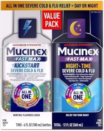 Mucinex Fast-Max Kickstart Severe Cold and Flu Medicine for Adults, Liquid Cold Medicine & Cough Medicine for Adults, Generic Expectorant Guaifenesin & Cough Suppressant Dextromethorphan, 2x6 fl oz
