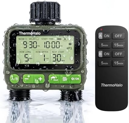 ThermoHalo Smart Sprinkler Timer with Remote, 8-Zone Programmable Dual Outlet Watering timers, IP65 Waterproof Automatic/Manual Hose Timer with Child Lock for Lawn, Yard, Garden, and Pool (Twin)