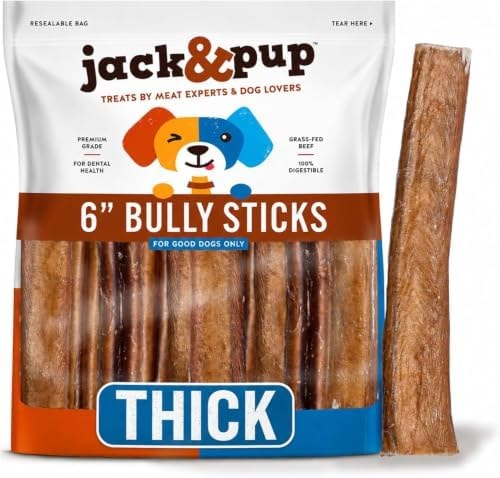 Jack&Pup 6 Inch Bully Sticks for Dogs (5 Pack) Extra Thick Long Lasting Dog Chews, Single Ingredient, 100% Beef Bully Sticks for Large Dogs