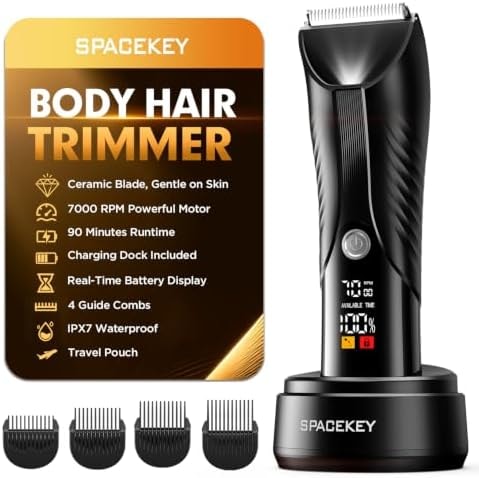Spacekey Electric Body Hair Trimmer - IPX7 Waterproof Ball Trimmer for Men with LED Light, Wet/Dry Groomer, USB-C Rechargeable, Travel Bag Included - Men's Pubic, Groin and Body Shave