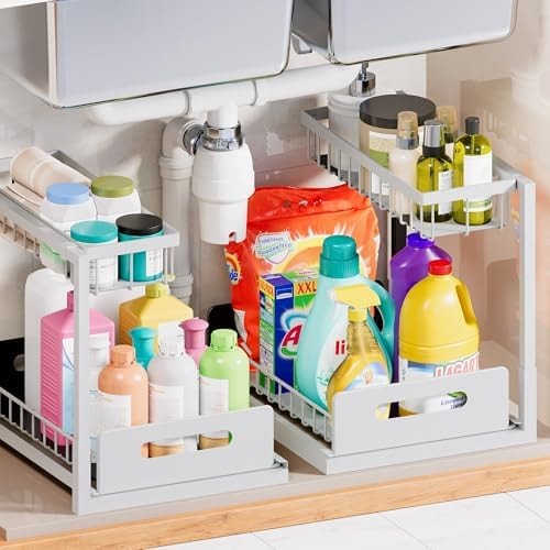 Under Sink Organizer and Storage 2 Pack, Slide Out Cabinet Organizer, Pull Out Sink Shelf for Kitchen Bathroom Laundry, White