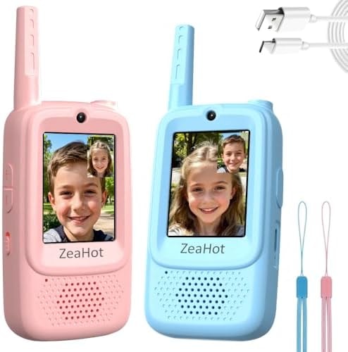 Upgraded Kids Video Walkie Talkies 2 Pack, Rechargeable Long Range Walkie Talkies for Kids, Video Intercom with Voice-Changing, Photo Sharing, Voice Chat, Emoji Messaging Modes