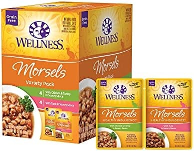 Wellness Healthy Indulgence Morsels Variety Pack Adult Wet Cat Food, Natural, Protein Rich, Grain Free, 2 Flavors, 3 oz, Pack of 8 Pouches