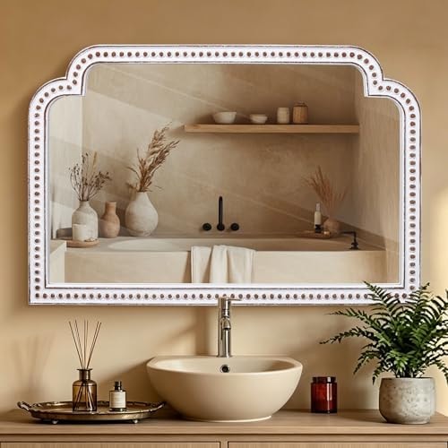 24x36 Inch Ornate Scalloped Arch Mirror, Wooden Antique Beaded Wall Mirrors
