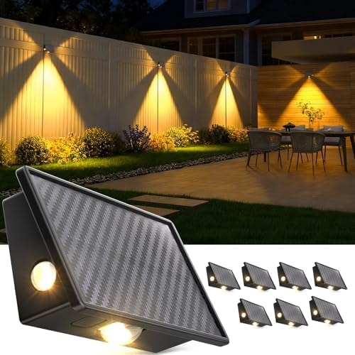 JSOT Solar Fence Lights Outdoor - 8 Pack Solar Lights Outdoor Waterproof Ideal for Deck Rail Stair Step Decoration 3 Large LEDs 5 Lighting Modes Outside Lights-Warm Light