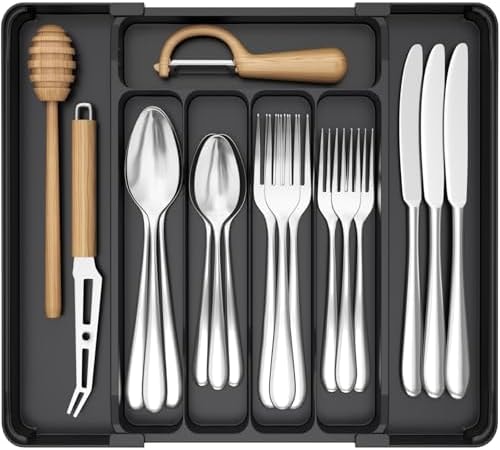 Lifewit Silverware Organizer for Drawer, Expandable Utensil Tray, BPA-Free Adjustable Cutlery Holder for Kitchen Storage, 8.1-13.9 x 11.3, Black