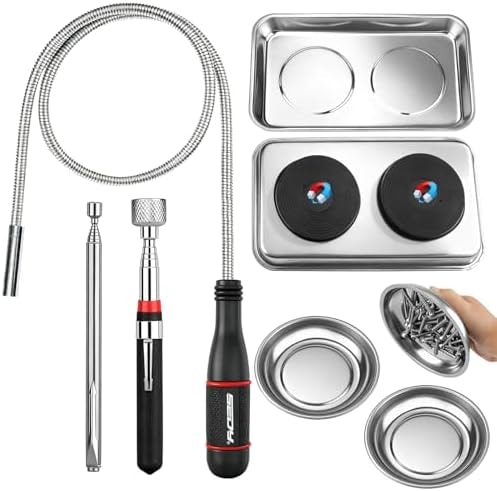 6-Piece Telescoping Magnetic Pickup Tools Set: 31in Portable Magnetic Pickup Stick, 25in Pen-Style Magnetic Pickup Tool, 20in Flexible Bendable Spring Magnet Stick with 4in 9in Magnet Parts Tray