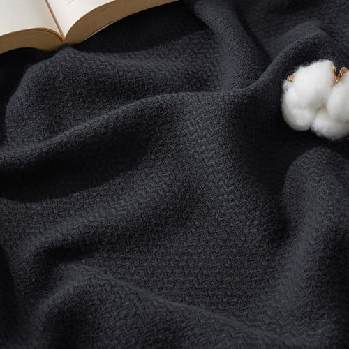 Bedsure 100% Cotton Blanket, Herringbone Weave, Throw XL, Black