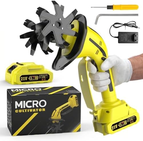GARDTECH Cordless Tiller Cultivator, 235RPM Electric Hand Tiller with 2.0Ah Battery, 4" Tilling Width & Depth, Powerful Mini Garden Tiller for Gardening, Raised Bed & Soil Loosening,Yellow