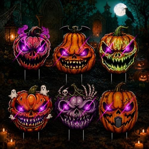 6 Pcs Halloween Lighted Pumpkin Yard Signs with Stakes, Outdoor Decor