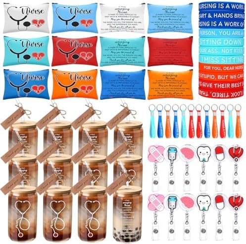 Misdary 60 Pcs Nurse Appreciation Gifts Set for Women 12 Makeup Cosmetic Bag Badge Reel Straw Cups Silicone Bracelet Keychain for Rn Cna Nurses Week Nursing Students Graduation Gifts