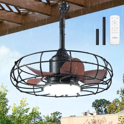 addlon 20" Outdoor Ceiling Fan with Light for Patio, IP65 Plug in Caged Fan