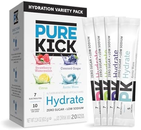 Pure Kick Hydration Variety Pack, Sugar-Free Electrolyte Drink Mix, Strawberry Watermelon, Citrus, Concord Grape & Arctic Wave, Zero Sugar, 5 Calories, 20 Single-Serve Sticks
