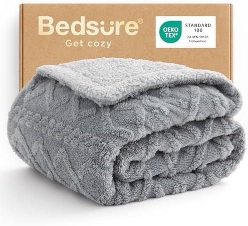 Bedsure Sherpa Fleece Blanket, Cable Jacquard Tufted, Warm, Throw, Grey