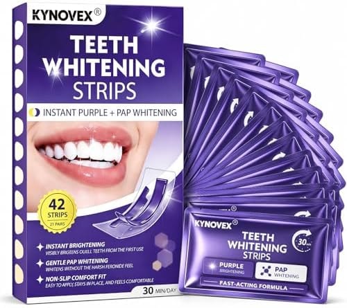 Purple Teeth Whitening Strips, 42 Strips (21 Pairs), Purple Tone Neutralizing Technology for Yellow-Looking Teeth, Pap Formula, Low Sensitivity, 21-Day Whitening Treatment