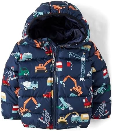 The Children's Place,Baby Boys,and Toddler Boys' Medium Weight Wind-Resistant, Water-Resistant Puffer Jacket,Navy Construction Trucks,12 Months,18 Months