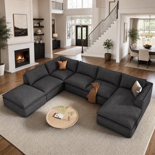 Vesgantti 142" Boneless Sectional Modular Couch,7 Seater Cloud Sofa, Black