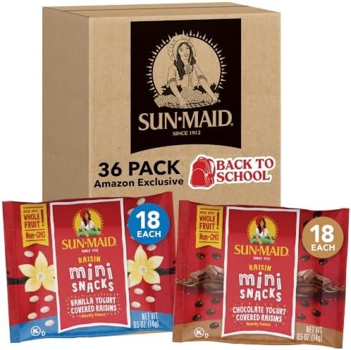 Sun-Maid Vanilla & Chocolate Yogurt Coated Raisins Variety Pack - (36 Pack) 0.5 oz Mini Snack-Size Bag - Yogurt Covered Dried Fruit Snacks (Amazon Exclusive)