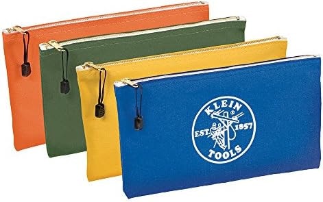 Klein Tools 5140 Canvas Zipper Bag, Tool Pouch, Bank Deposit Utility Bag, 12.5 x 7-Inch, Olive/Orange/Blue/Yellow 4-Pack