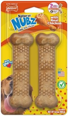 Nylabone Nubz Natural Dog Treats, Long Lasting Chew Bones, Made in the USA, Chicken Flavor Breath Freshener, Large Bones for Dogs Over 30 lbs. (3.6 Ounce, 2 Count)