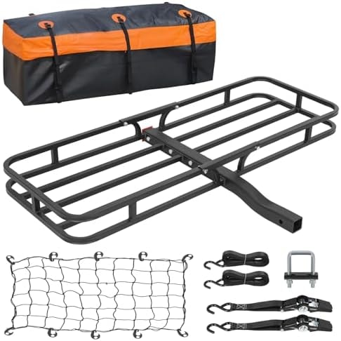 WEIZE Hitch Mount Cargo Carrier Basket 53" X 19" + Waterproof Cargo Bag, Hauling Weight Capacity of 500 Lbs fit on 2 Inch Receiver, with Hitch Stabilizer, Net and Straps