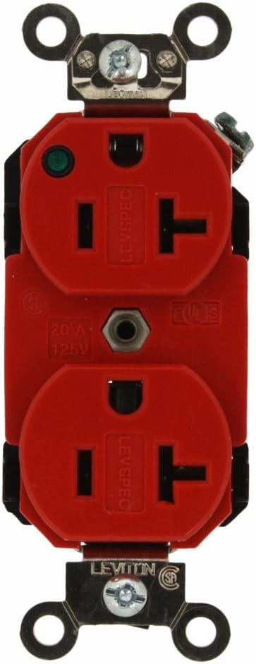 Leviton 20-Amp, 125 Volt, Duplex Receptacle, Hospital Grade, Straight Blade, Self Grounding, Power Indication, 8300-PLR, Red