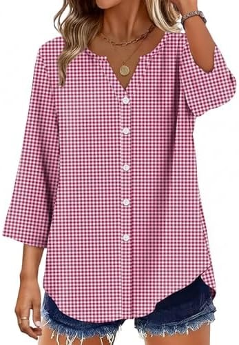 OFEEFAN Shirts for Women Early Fall Fashion Plaid Shirts 3/4 Length Sleeve Womens Tops Christmas Shirt Button Down Red Plaid Tops Gingham L